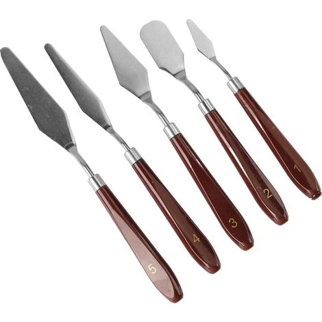 Ce set de 5 couteaux à palette est doté de lames en acier inoxydable, de manches en bois et d'un design lisse et flexible, parfait pour les mélanges créatifs. (1/5)