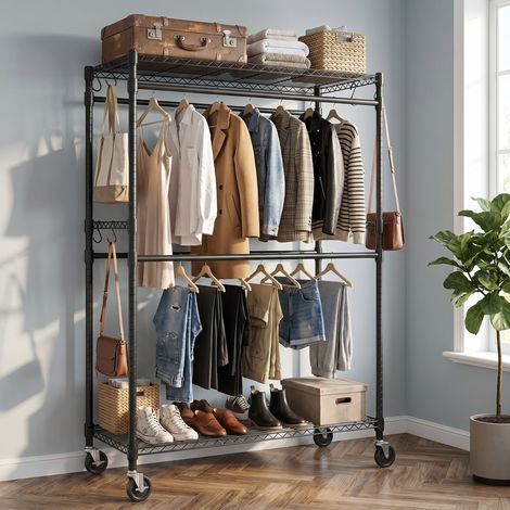 Portant à Vêtements sur Roulettes avec 4 Tringles et 2 Crochets, 114 × 52 × 204.5 cm Penderie en Métal, Vestiaire, avec 2 Étagères Réglables, Construction acier carbone, Noir