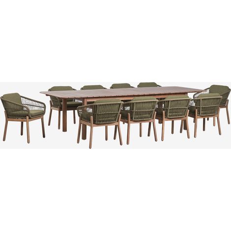 SKLUM Set aus rechteckigem Tisch 250-310x105 cm ausziehbar Duala und 10 Gartenstühle aus Akazienholz und geflochtener Schnur Karvia Akazie Braun