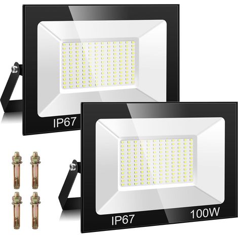 100W Projecteur LED Exterieur 2 Pièce, 10000LM 7000K Spot Extérieur, 144 Puces IP67 Imperméable Blanc Froid Eclairage de Sécurité LED, Luminaire Exterieur Pour Patio, Garage, Jardin, Terrasse (1/5)