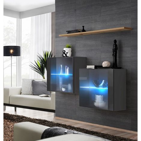 Commode - Switch SB III - 2 vitrines LED - 1 étagère - Bois et graphite - Modèle 2 - Livraison gratuite