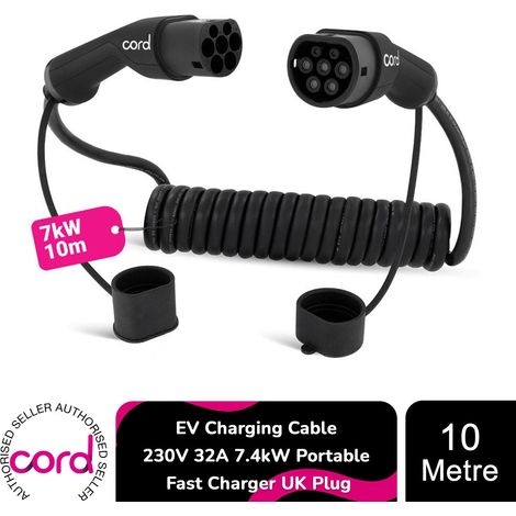 Cord Coiled 10m EV Charging Cable 230V 32A 7.4kW Portable Fast Charger UK Plug (1/5)
