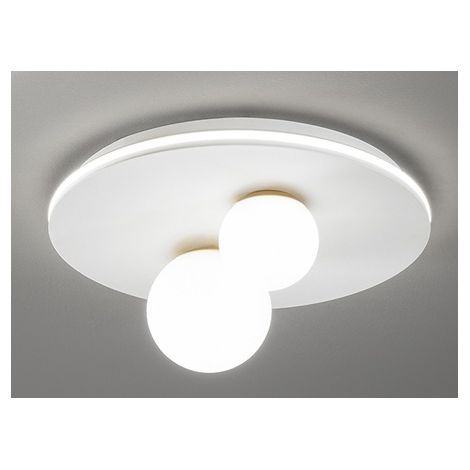 Plafonnier LED 38W 2470lm 3000°K en métal blanc, diamètre 40 cm, design moderne avec diffuseurs en verre blanc opale par la marque Perenz.