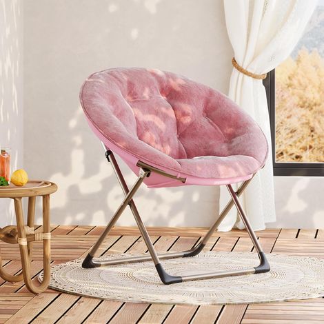 Fauteuil Lune Pliable en Fourrure synthétique – Grand siège Fleur Douillet, Structure métal doré, Chaise Lecture/détente Chambre, Salon, dortoir – Cuir Rose (L2972) + Pieds Or