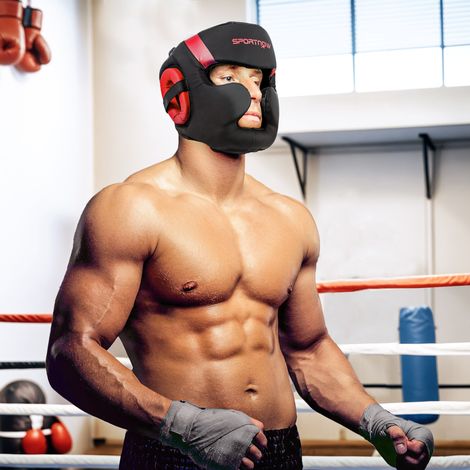Casco de Boxeo Helmet MMA con Correa Ajustable para Grappling Sparring Artes Marciales Kickboxing Karate Rojo y Negro (1/5)