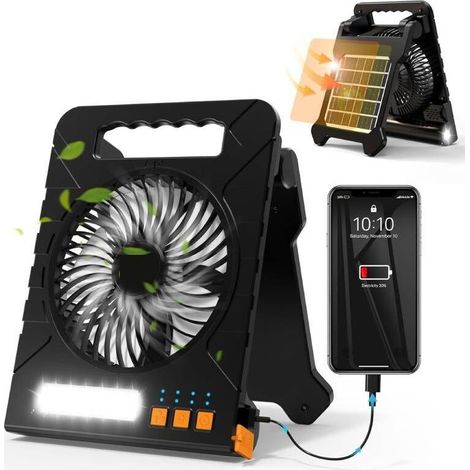 Ventilateur de camping solaire avec éclairage LED, batterie rechargeable sans fil 4 000 mAh, portable, avec batterie externe, minuteur, ventilateur de table silencieux pour tente (1/5)