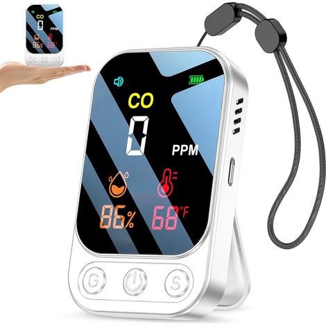 Détecteur de monoxyde de Carbone Rechargeable , avertisseur CO Portable 3-en-1 (monoxyde de Carbone, température, humidité), pour Maison, Camping et Caravane(Blanc) (1/5)