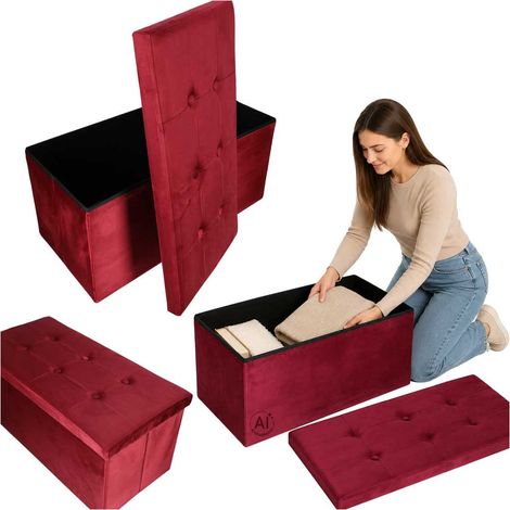 Velvet Storage Ottoman Bench, Foldable, Burgundy 76x38x38cm (1/5)
