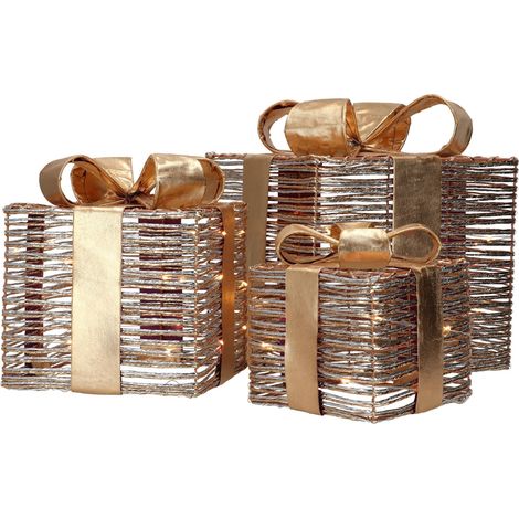Pacchi regalo natalizi con LED luminosi color oro decorazione natalizia set da 3 (1/3)