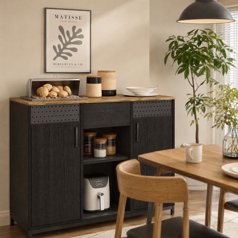 Buffet 2 portes ajourées, 2 compartiments et un tiroir, étagères réglables, 100 x 40 x 80 cm, noir (1/5)