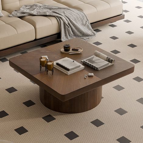 Table Basse Carrée - 78x78x38cm - Plateau Motif Parquet Élégant et Base Cylindrique - Pour Salon Moderne - Noyer (1/5)