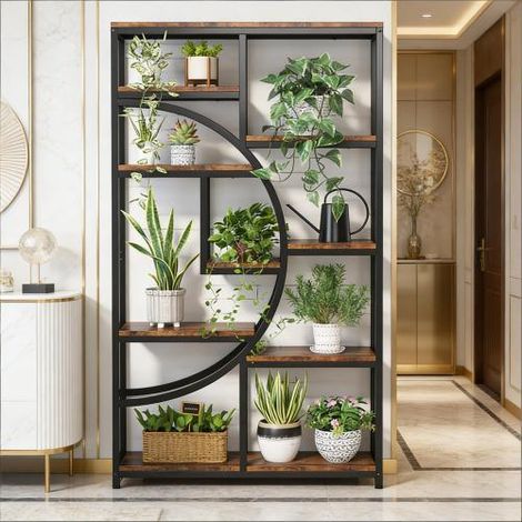 Estantería Librería con 9 Nichos Abiertos, Diseño Geométrico, para Salón Dormitorio y Oficina, Metal y Madera, Negro Gris (1/5)