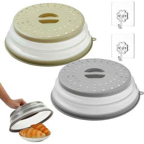 Lot de 2 couvercles pliables pour micro-ondes, protection anti-éclaboussures, avec crochet, pour fruits, légumes (gris, bleu) (1/5)
