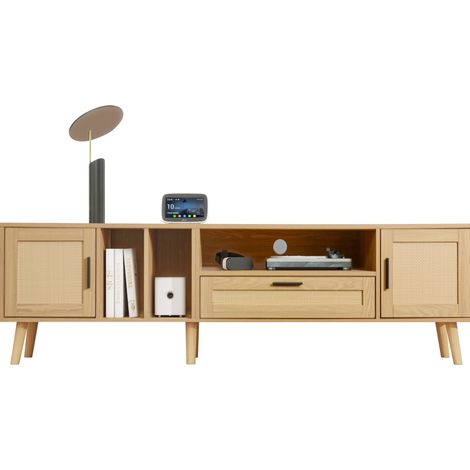Meuble TV 180 cm, Rattan, 2 Portes + 1 Tiroir, Pieds Bois, Support TV Jusqu’à 80 " (1/5)