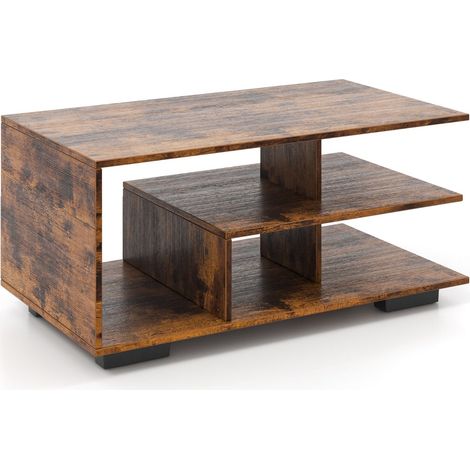 Mesa de centro con estante central geométrico 90 x 50 x 42 cm 3 niveles de almacenaje diseño moderno en madera rústica marrón 200013755