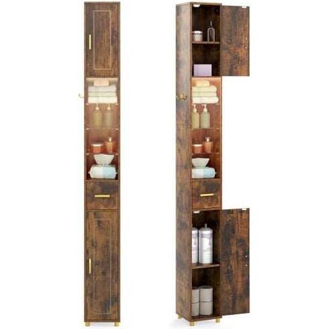 Meuble de salle de bain haut 180 cm, organiseur de rangement étroit avec 3 portes et étagères réglables - marron rustique (1/5)