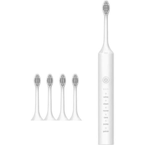Ensemble de brosses à dents électriques pour adultes, rechargeables par USB, comprenant 4 têtes de brosse souples. (1/5)