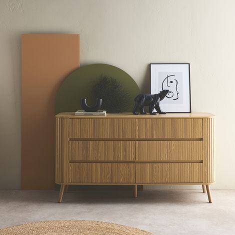 Sweeek – Commode 6 tiroirs striée naturelle – Dimensions L 150 x P 45 x H 80 cm – Poignées creusées – Panneaux stratifiés en finition PVC