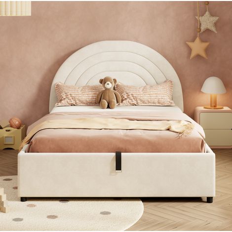 Bett für Kinder und Jugendliche aus Samt Beige 140x200 cm mit Kopfteil, Lattenrost, hydraulischem Stauraum und Matratze (1/5)