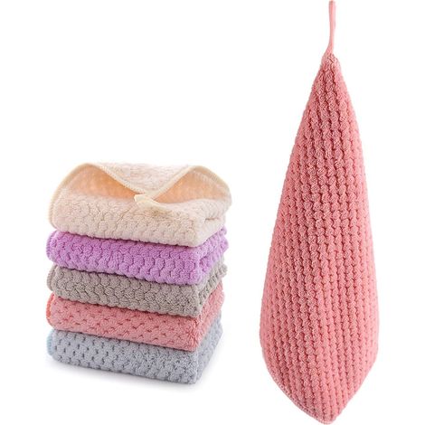 Petite Serviette Main, Essuie Main, Ensemble 5 Pièces Essuie Main Cuisine, Serviette Suspendue en Polaire Corail, Boucle De Ceinture Super Absorbante à Séchage Rapide (1/5)