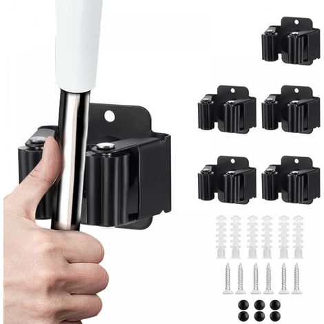 Soporte de pared de acero inoxidable resistente para escobas de baño y cocina, juego de 6 (negro) (1/5)