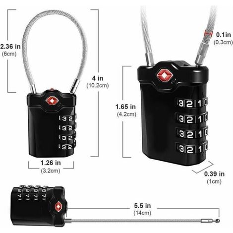Code 4 Chiffres Cadenas Bagage pour Valise Voyage Cadenas Casier Collège avec Fonction d'alerte Bagages Ouverts et Cable en Acier (Noir)-1 article