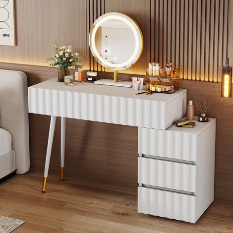 Coiffeuse avec miroir LED et éclairage - avec 5 grands tiroirs, structure en métal, design moderne, 100 x 127 x 40 cm, Blanc - (sans tabouret) (1/5)