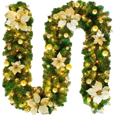 Corona navideña, Guirnalda navideña de 2,7 m, Con luces LED, Guirnalda para árbol de Navidad, porches y árboles de Navidad, Dorada (1/5)