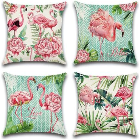 Lot de 4 housses de coussin d'extérieur motif flamant rose et fleurs roses pour patio, jardin, salon, chambre à coucher, 45 x 45 cm (1/5)