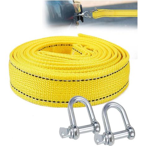 Corde de remorquage, corde de remorquage de voiture de 6 m 5 tonnes avec bandes réfléchissantes, corde de remorquage d'urgence avec 2 crochets de sécurité en forme de U, (1/4)