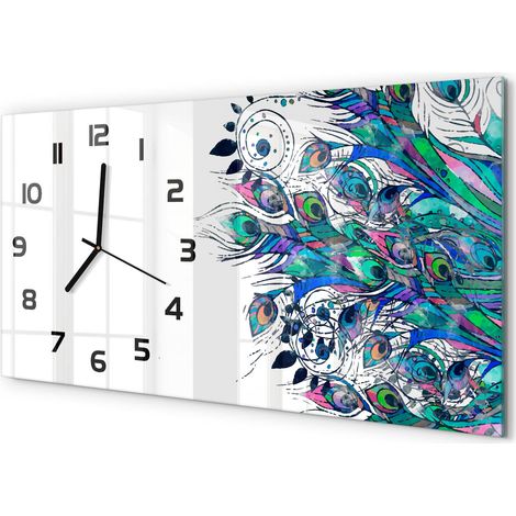 Horloge Murale Élégante 60x30 cm Verre Décoratif Style Contemporain Plumes de paon (1/5)