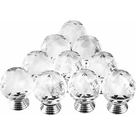 Set mit 10 Türknöpfen, Griffform, 30 mm Durchmesser, klares Kristallglas, Möbelknöpfe, runde Glasknöpfe, Schrank- und Schubladendekoration
