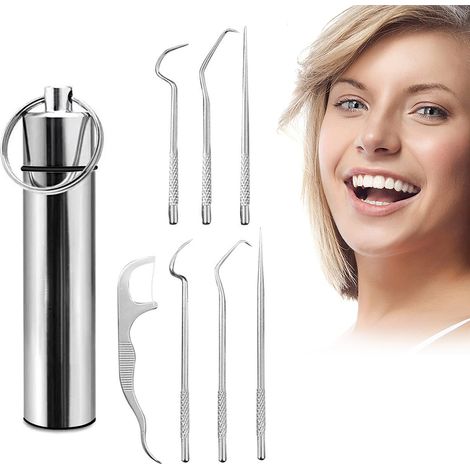 Kit de cure-dents en acier inoxydable 7 pièces, portable et réutilisable, idéal pour pique-nique, camping et voyages (1/5)