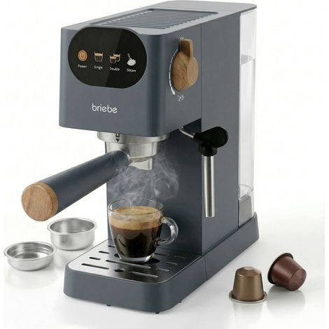 Briebe EC1180GRY Nordic Cafetera Espresso 20 Bares Compatible Cápsulas Nespresso y Café Molido Espumador Leche 1350W Gris