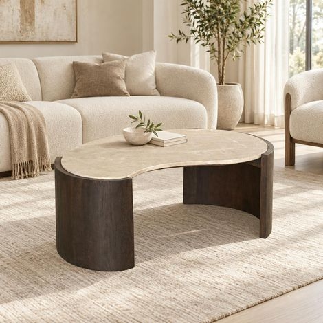 Table basse marbre et bois brun design organique 94 cm DUOMO (1/5)