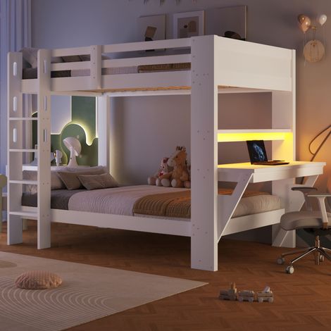 Lit mezzanine enfant 90x200 cm en pin et MDF, lit bureau avec prises USB et Type-C, LED, étagères et garde-corps, Blanc (1/5)