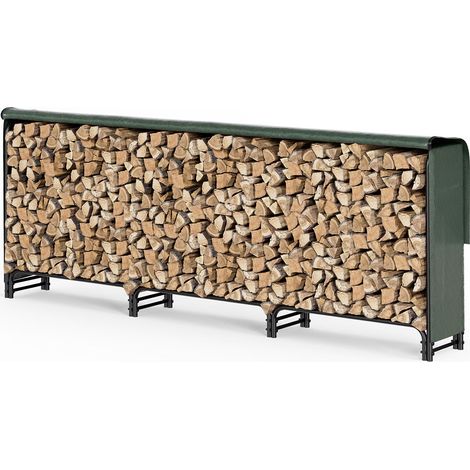 VOUNOT® Abri range-bûches avec housse 300x40x115cm - Serre bûche en acier - Support bois de chauffage pour cheminée et extérieur (1/5)