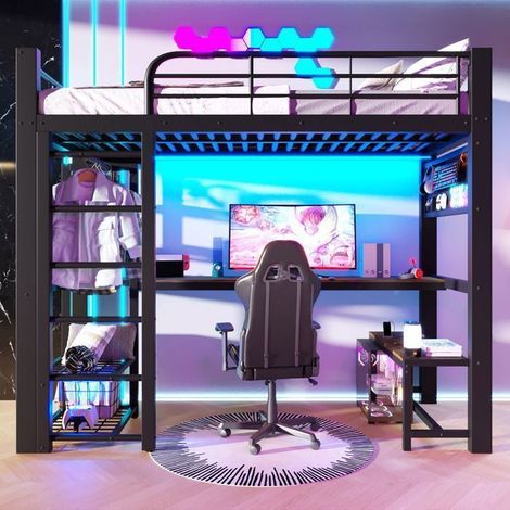 Lit Mezzanine 90x200 cm Métal Noir avec Bureau et LED - lit simple - Étagères, Penderie, Espace de Travail Gain de Place (1/5)