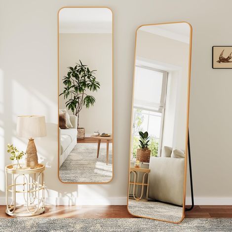 Dripex Grand Miroir 150×40cm avec Coins Arrondis, Miroir sur Pied ou Suspendu avec Cadre en Alliage d'Aluminium Idéal pour Dressing, Chambre à Coucher, Salon-Or