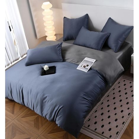 Linge de lit en satin aspect soie pour lit double, 6 pièces : drap-housse 230x240 cm, housse de couette 200x230 cm et 4 taies d’oreiller, UNI, bleu-gris denim (1/5)