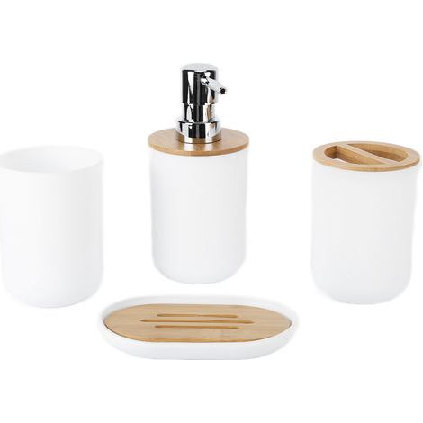 4-teiliges Badezimmer-Accessoire-Set aus Bambus, wasserfest und langlebig, Geschenkset inklusive Zahnbürste und Becher für Zuhause oder Hotel (Weiß) (1/5)