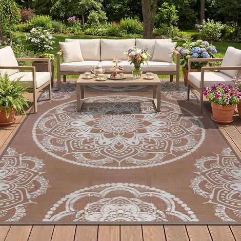 Tapis Exterieur Resistant Pluie Terrasse Tapis Barbecue Sol Exterieur Grand Tapis Plastique Exterieur Imperméable Tapis d'extérieur pour Terrasse Jardin Balcon Plage Salon 180 x 270 cm, Beige Marron (1/5)