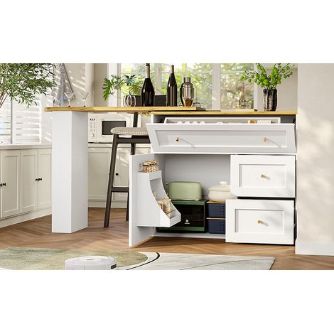 Table de bar extensible avec rangement (138-204×39×105cm), meuble de cuisine, buffet avec étagère à snacks, table haute télescopique, table bistro, îlot central, blanc (1/5)