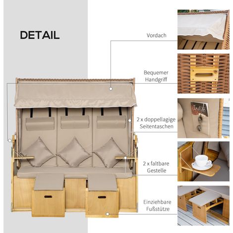 Transat de plage avec parasol intégré, 2 accoudoirs rabattables, repose-jambes, chaise longue inclinable 5 positions, rotin synthétique XXL, teinte naturelle, 150 x 79 x 160 cm