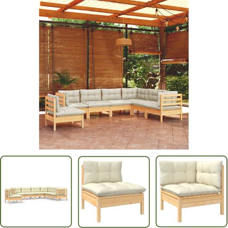 The Living Store 7-tlg. Garten-Lounge-Set mit Creme Kissen Massivholz Kiefer - Gartenzubehör - Lounge Set - Gartenmöbel - Esstisch - Outdoor Möbel (1/5)
