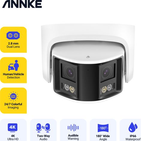 ANNKE 4K Cámara exteriores protección de seguridad IR panorámica doble lente H.265 + Audio bidireccional cámara de vídeo de vigilancia CCTV vista panorámica Poe (1/5)