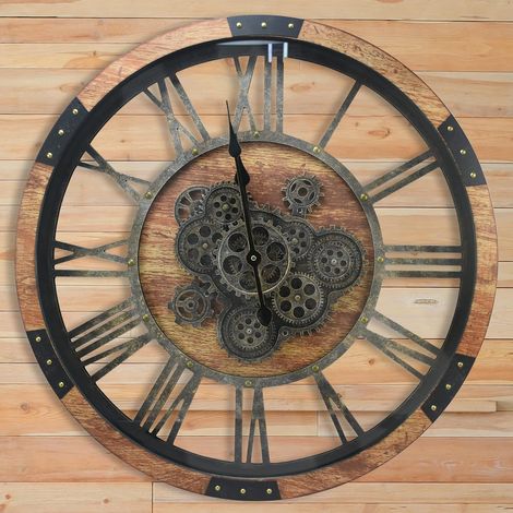 Horloge Murale Engrenages Mobiles Geante 68cm Industrielle Bois Massif Vintage Pendule Murale Silencieuse Steampunk Chiffres Romains pour Salon Cuisine Bar Bureau (Bois Brun) (1/5)