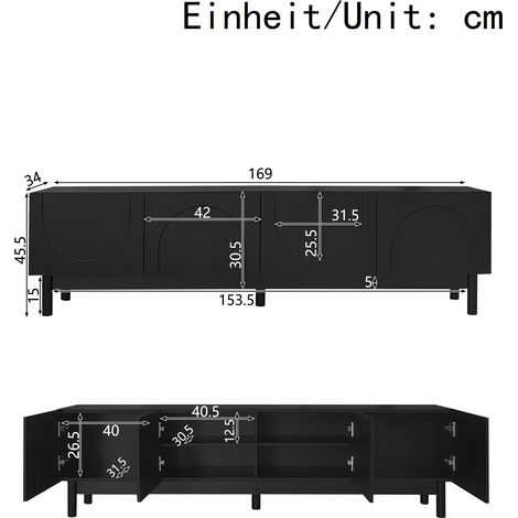 Meuble TV bas incurvé vague, rangement avec étagères et portes, support écran plat sur pieds stabilisateurs, finition moderne et robuste. (1/5)