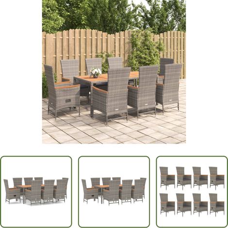 vidaXL Rattanstuhl - 9-tlg. Garten-Essgruppe mit Kissen Grau Poly Rattan (1/5)