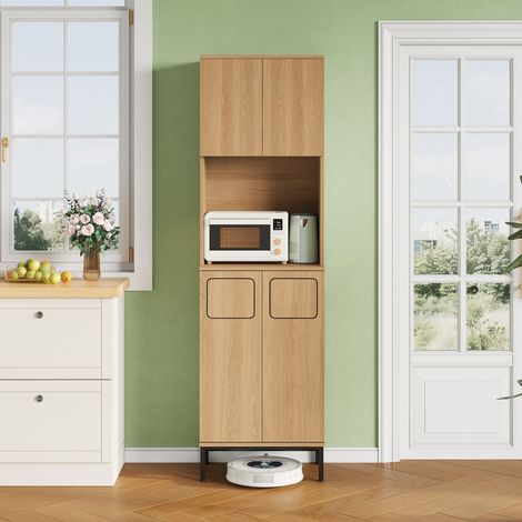 Meuble de cuisine multifonction 53x35x181 cm, compartiment micro-ondes, espace poubelle intégré, rangement réglable pour aspirateur - chêne et noir (1/5)